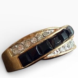 Vintage Elegant Gold Tone Ring Black & Clear Stone Band Statement Women Size 7.5